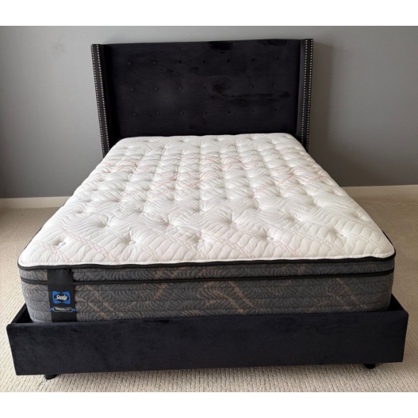 Sealy Posturepedic Plus Queen Mattress w/ Upholstered Nailtrim Velvet Headboard  + Frame