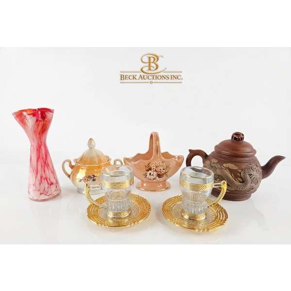 Yixing-Style Teapot, Glass Cups With Gold Rims, And Various Small Ceramic Vessels,  Art Glass Vase.
