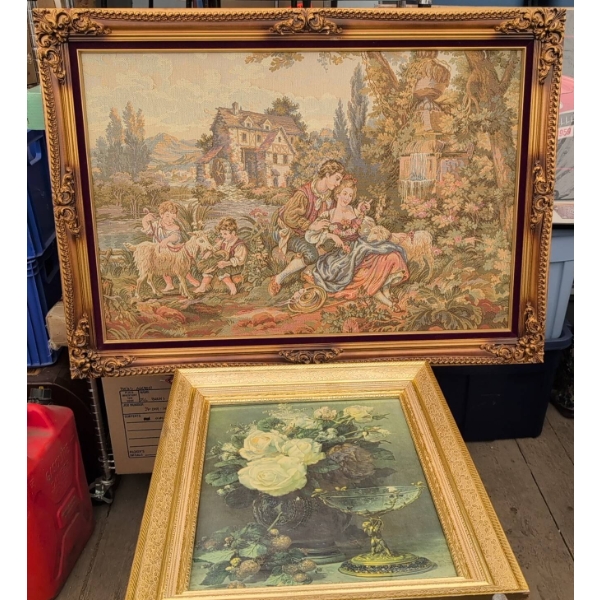 Framed Wall Art Including Tapestry and Floral Print