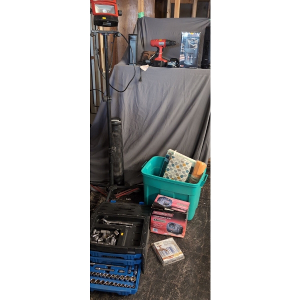 Adjustable  LED Life Tall Bright Work Light (Works), Mastercraft Large Tool Box w/ Tools, Fan & More