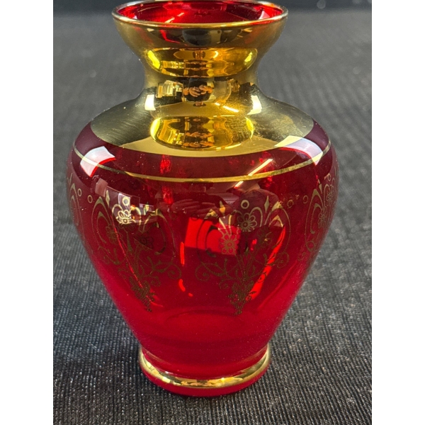 Venetian Ruby Glass Gold Gilt Vase 5.5