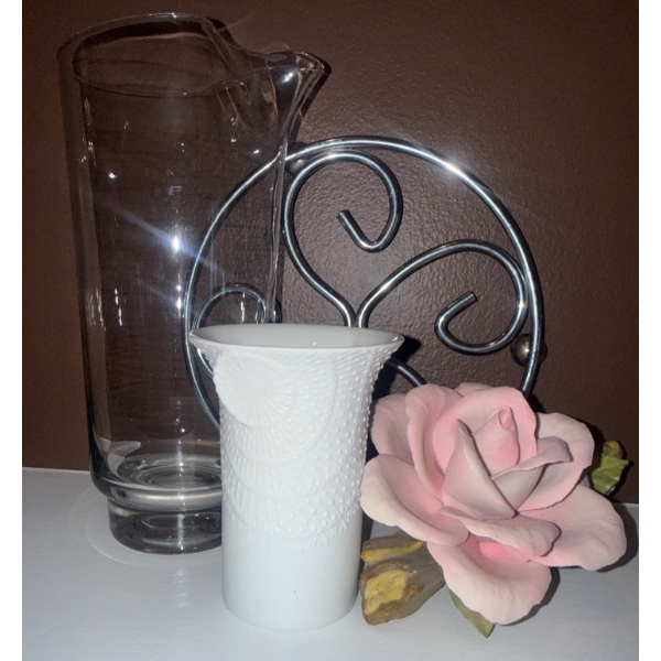 Capodimonte Porcelain Rose w/ Kaiser Bisque Vase Pinched Glass Jug & Chrome Trivet 