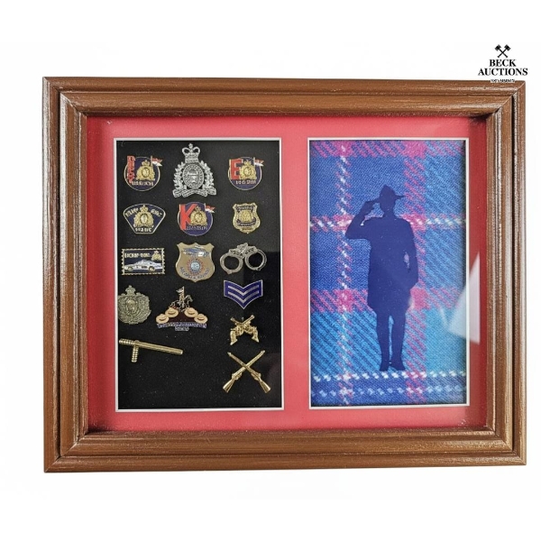  Collection Of RCMP Pins and Tartan With Soilder Silhouette, Framed 