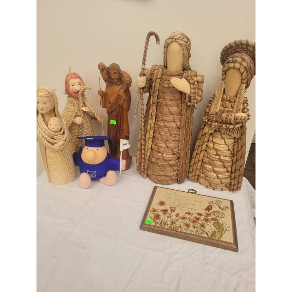 Straw and Wooden Religious Figurines with wooden Wall Hanging