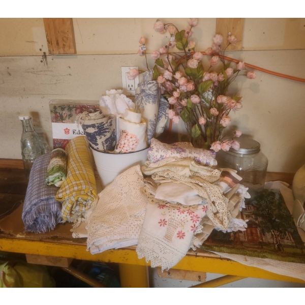 Table Linens, Lace Doilies, Fabric Yardage and Artificial Flowers