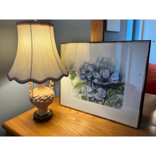  Framed “Blue Flowers” in Watercolour E.Campbell 1987 artist from Sherwood Park with Pink porcelain 