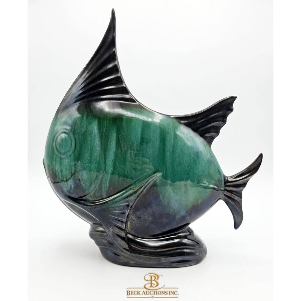 Ceramic Fish Sculpture with Green and Black Glazed Finish