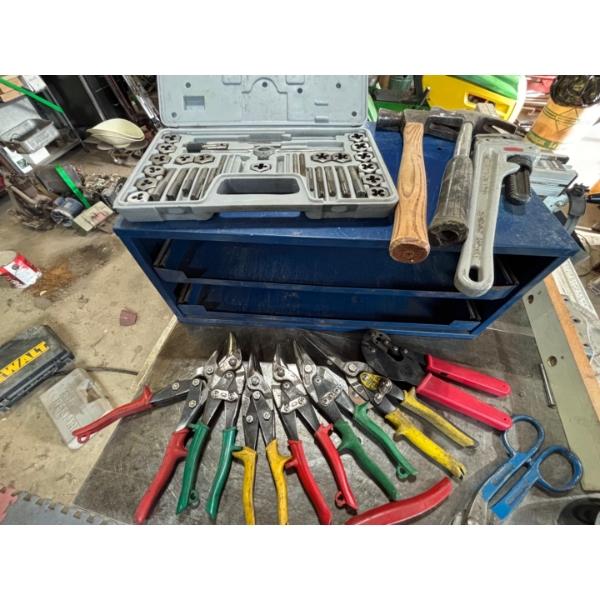 Selection of WISS snips along with a blue sliding toolbox, hammers heavy duty, REED pipe wrench 
