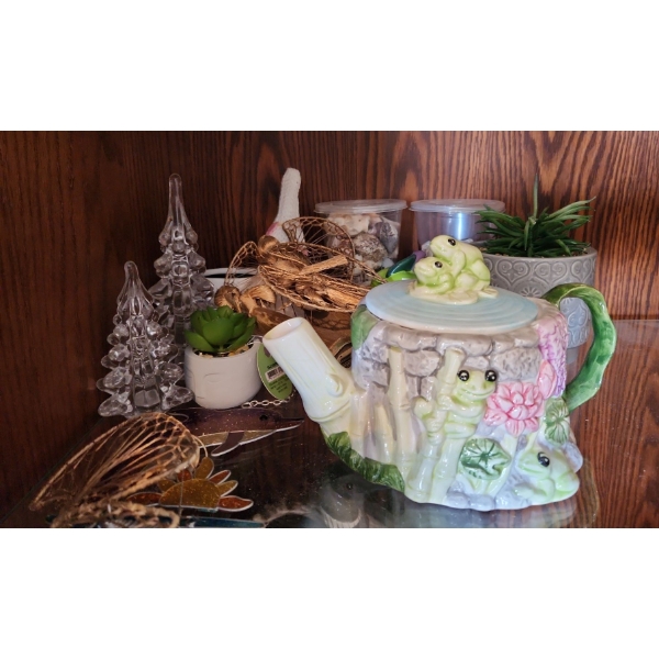 Assorted Decor Including: Rae Dunn Gnome w/ Flower Pot 6 W, 8 T, Frog Teapot and More!