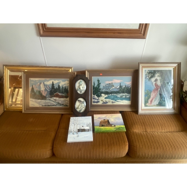 Assorted Artwork and Mirror. Mirror (Some Glue on Mirror 31" x 21", Needlepoint artwork 23" x 18.5, 