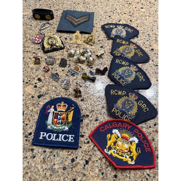 Collection Of Vintage RCMP & Calgary Police Uniform Patches Pins & Badges 
