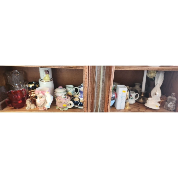 Contents of Shelf (2) Including: Pirate Mug, Mini Rose Teapot, Vases and Other Home Decor