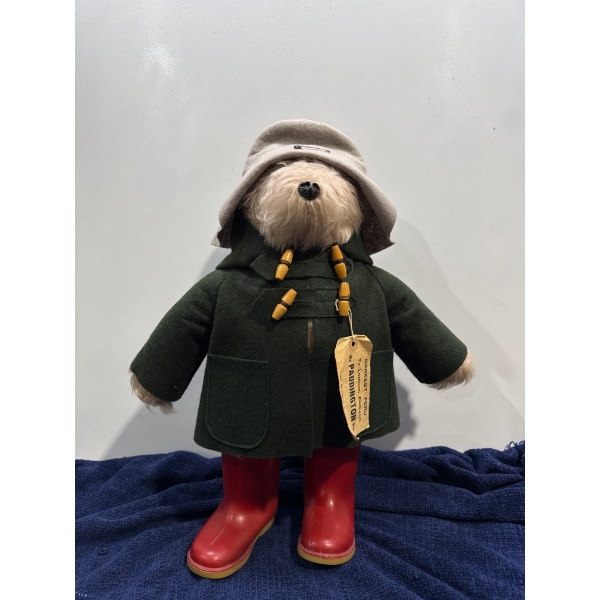 Vintage Paddington Bear; Green Duffel Coat, Red Dunlop Boots and Grey Hat