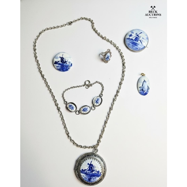  Collection Of Vintage Dutch Delft Porcelain Costume Jewelry , Necklace, Bracelet, And Brooches