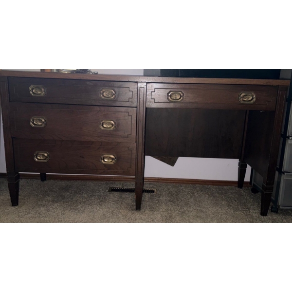 Vintage Solid Wood Desk w/ Tall Brass Lamp   72"tall