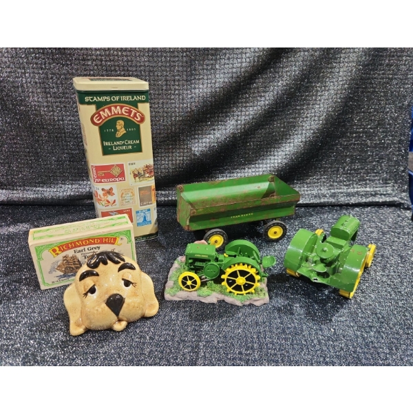 John Deere Collectibles, Vintage Tractor, Flare Box Wagon, Tins And Ceramics And More.