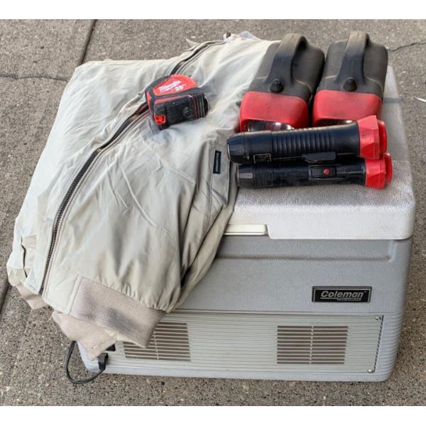 Campers Essentials - Coleman Thermolectric Cooler Flashlights & Outdoor Jacket 