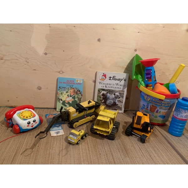 Lot of Vintage Toys and More, Tonka Trucks, Two Vintage Books, Fisher Price Phone and Bubble and San