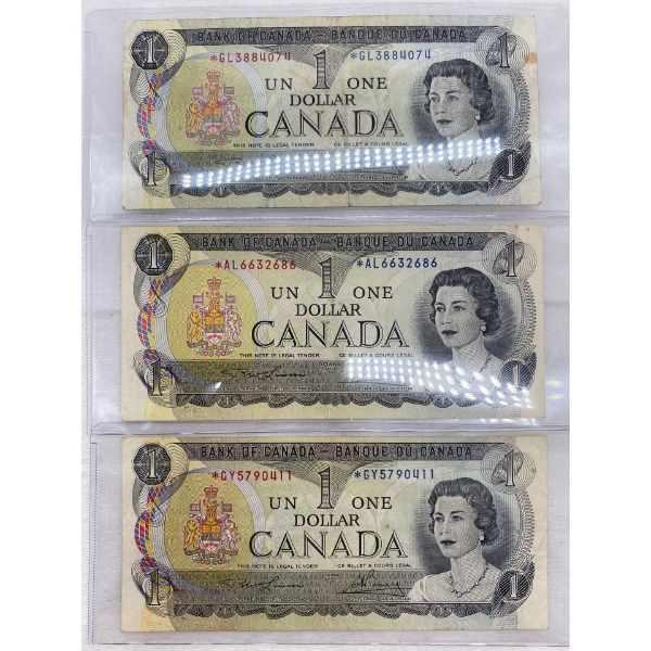 3 Canadian 1973 $1.00 Bills Prefix *GL *AL *GY
