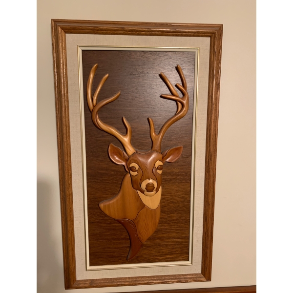 Handcrafted Deer Wood Inlay Art by D. Postill, 1991