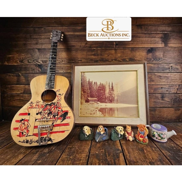 Lot Featuring Acoustic Guitar, Framed Lake Scene Print, Ceramic Figures, and Decorative Mug