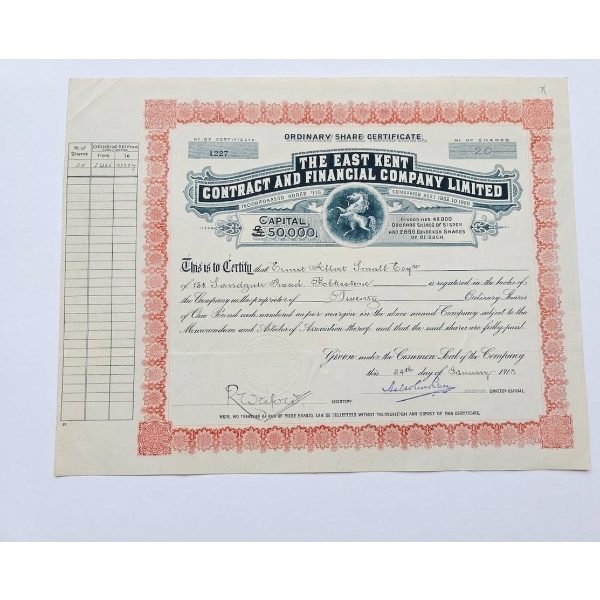  Vintage Ordinary Share Certificate From The East Kent Contract And Financial Company Limited.