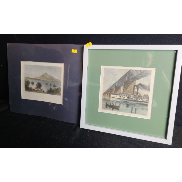 Pair of Prints: Mountain is Matted Only 14 X 12.5 and Boat 12.5 X 12.5, Framed Under Glass 