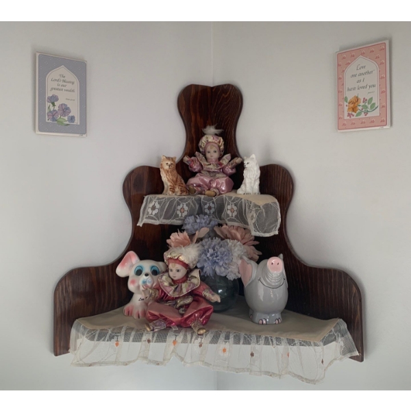 Corner Curio Shelf w/ Assorted Decorative Collectables Elephant Coin Bank Clowns & More