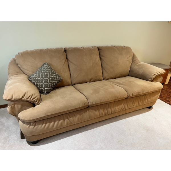 Small Light Brown Micro Fiber Couch, Very Comfortable For the Man Den, Or She Shed