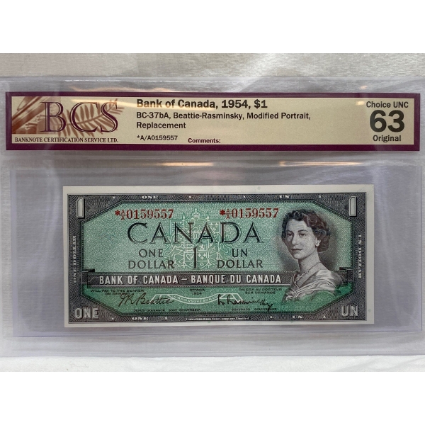 Graded Canadian 1954 Mod. Portrait $1 Choice UNC Prefix: *A/A