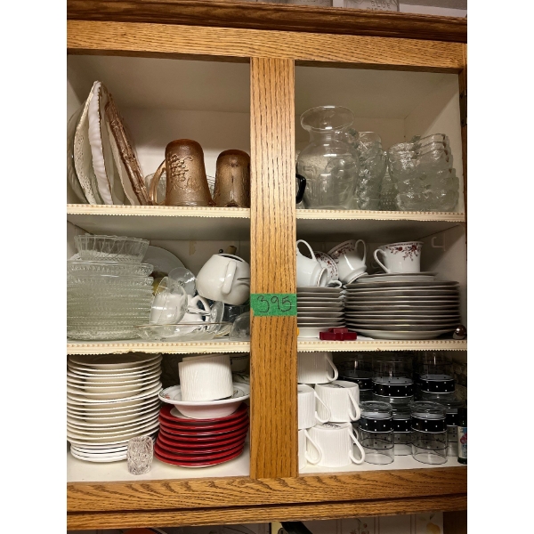 Selection of desert plates in all shapes and sizes, glassware and ceramic small coffee cups, and a s