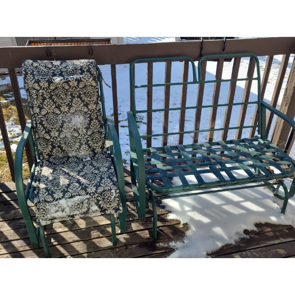 Set of 2 Patio Glider Chairs- Single w/ Cushion 23 W, 26 D, 29 T - Double 44 W, 26 D, 29 T