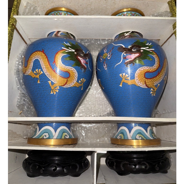 Chinese Vintage Cloisonne Vases Brass w/ Stands 9"tall