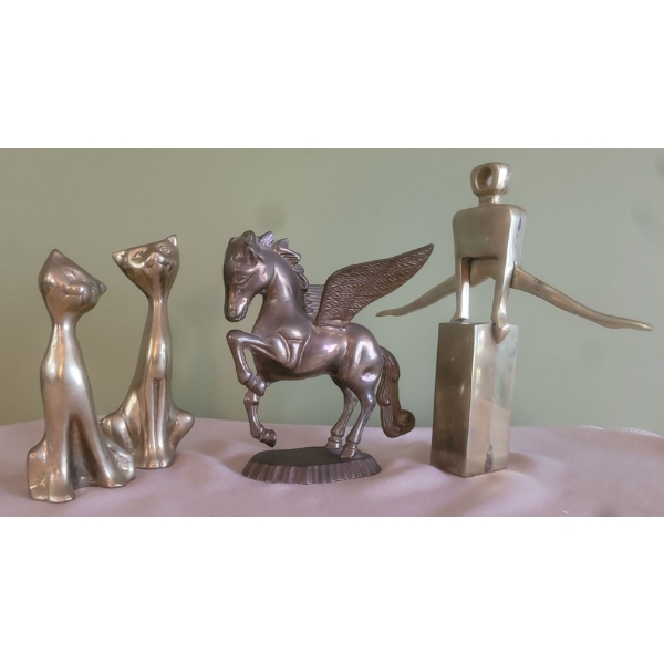4 Brass Decorative Pieces - Cats (2), Unicorn, & Gymnast 