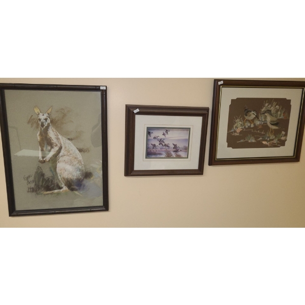 Group of Various Art Including: Kangaroo Drawing 16 X 21, 3-D Collage Ducks, Embroidered Birds