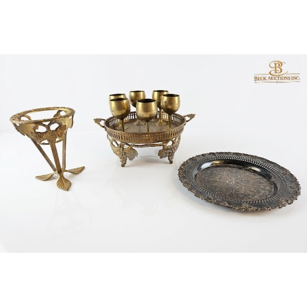 Grape-Motif Tray Holding Small Goblets , Separate Holder ,Silver-Plated Serving Tray By W A. Rogers 