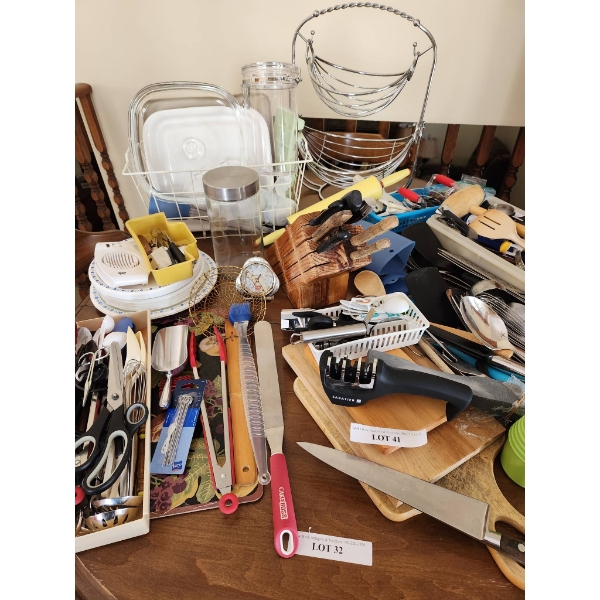 Metal Double Fruit Basket, Wooden Knife Block, and Kitchen Tools