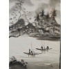 Image 5 : Vintage Framed Vietnamese Black & White Painting On Silk, A Tranquil Landscape Scene With Boats.