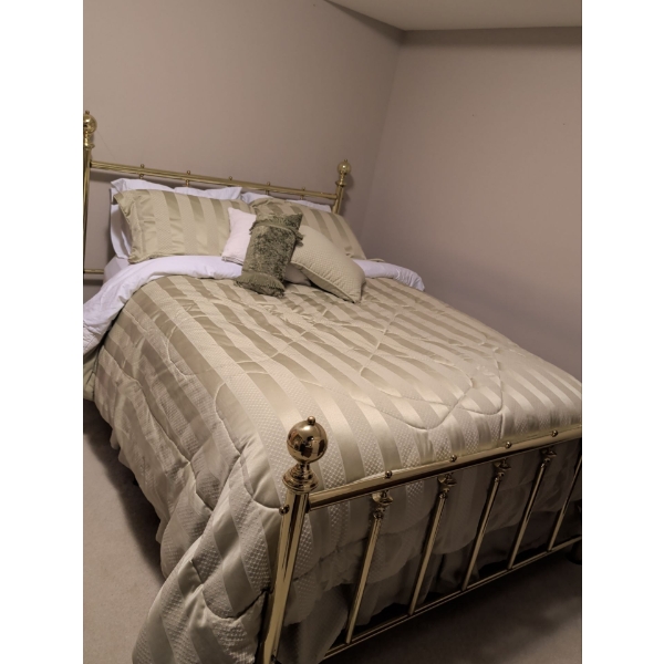 Queen Bed Bundle - Includes Frame Head/Foot Boards Mattress BS Linens Tasseled Pillows & More