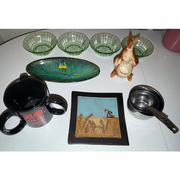 Kitchen Collectibles-Blue Mountain Pottery, 40th Birthday Mug, Tiny bowls +Measuring cups