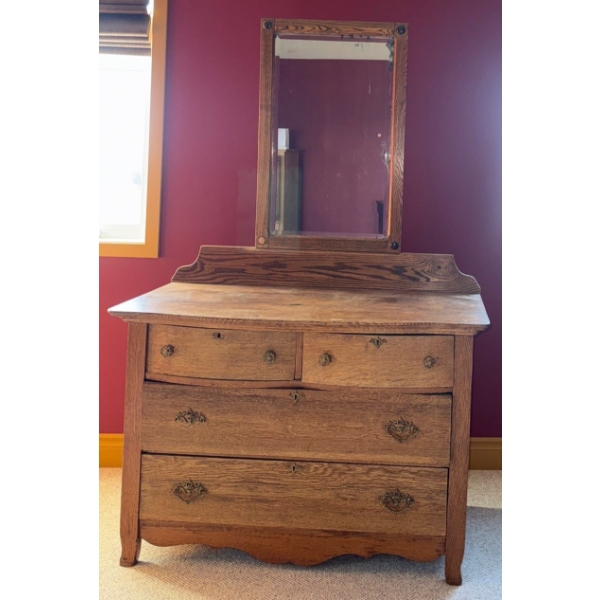 Antique Victorian Oak Dresser w/ Scroll Top Mirror  - Ornate Brass Drawer Pulls