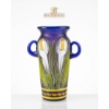 Image 2 : Hand Blown Mexican Painted Cobalt Blue/Yellow Glass Vase Calla Lily Floral Pattern & Art Deco Style.