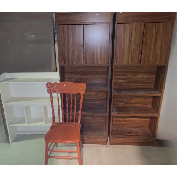 Pair of MDF Bookcases 25 W, 10 D, 68 T w/ Storage, Also Chair 15 SW, 16 D, 37 T 