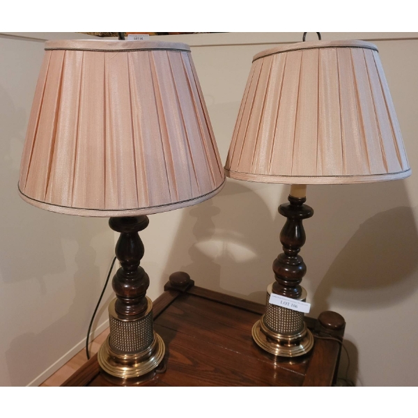 Table Lamps with Wood, Brass, and Fabric Shades