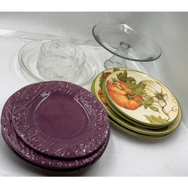 Plate Collection (Italian Purple Set w/ Pier 1 Harvest Garden Set), Cake Tray, Glass Tray & Dish 