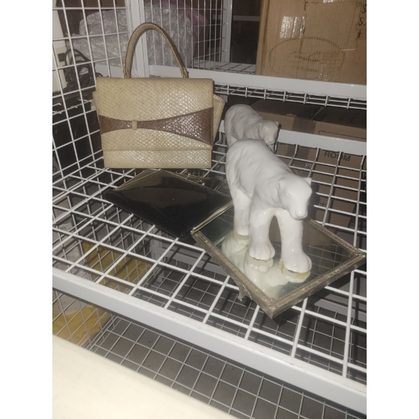 Ladies Clutch Collection w/ Pair Of Porcelain Bears Antique Footed Mirror & More