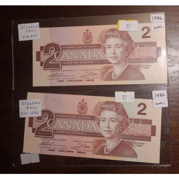 Bank of Canada 1986- $2 Sequential Bills CBF2087841/ 42 
