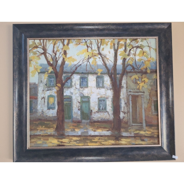 Framed Print of Home on Tree-Lined Street 29 X 25, Paint on Canvas 