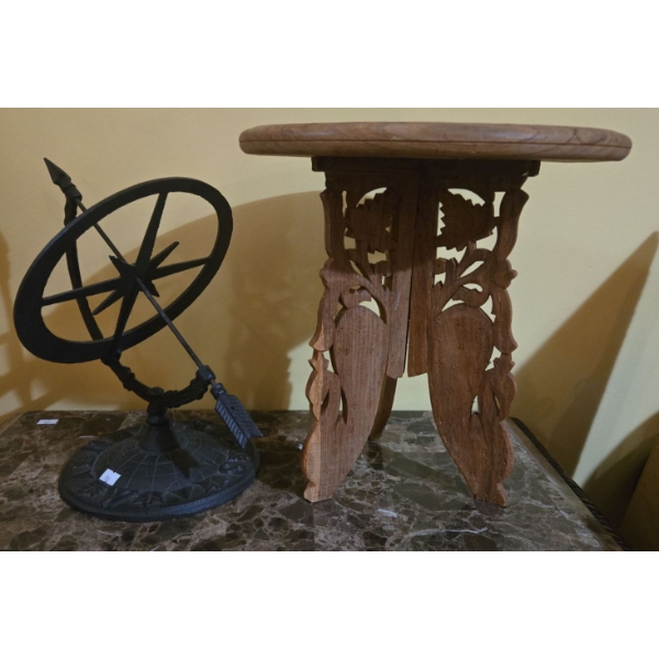 Antique Hand Carved Wooden Stool (13T) w/ Metal Sun Dial 