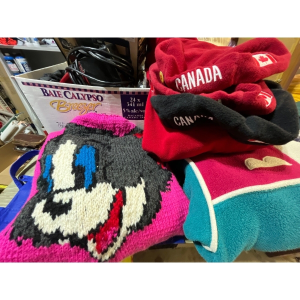 vintage clothing along with a hand, knitted Tom and Jerry wool sweater Canadian Olympic hats . And f